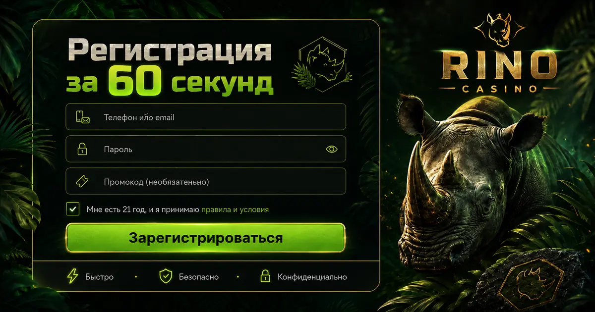 Форма создания аккаунта на площадке Rino Casino с полями телефона и пароля