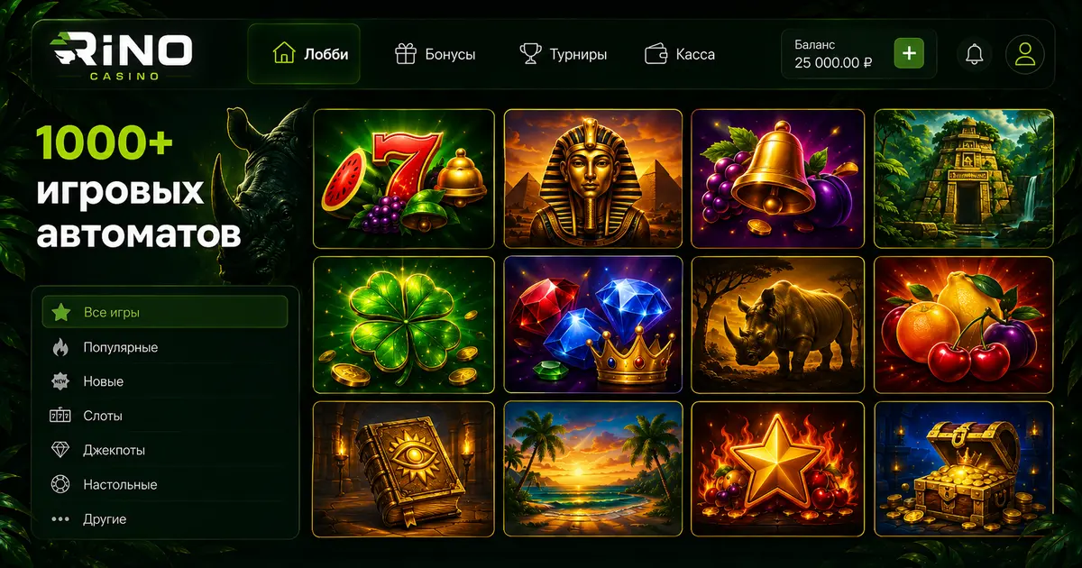 Плитки с видео-слотами в лобби бренда Rino Casino на тёмном фоне